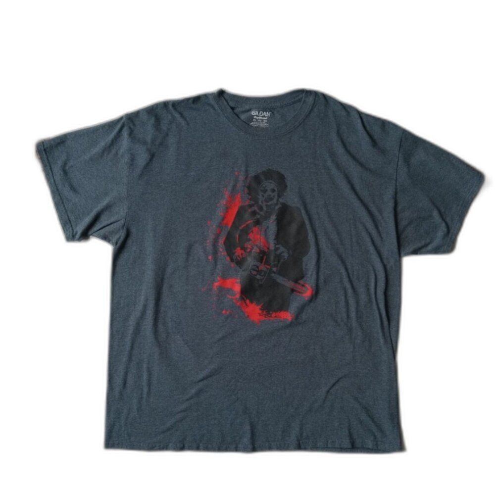Gildan Dry Blend Heather Gray Blue TCM Leatherface Graphic Print Tee Adult 2XL
